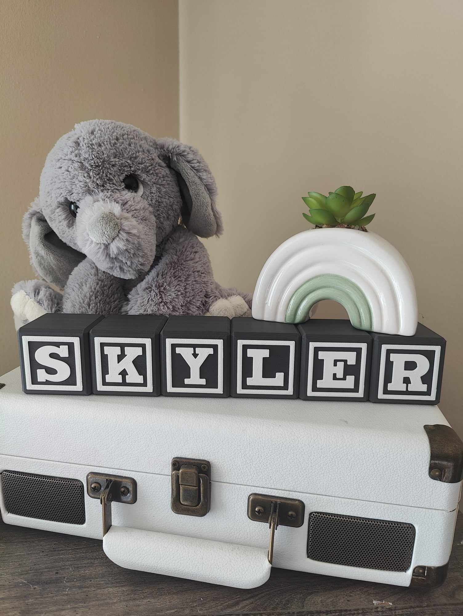 Deep Grey personalized baby blocks spelling out the name Sklyer